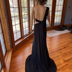 * Black Beaded Lace Chiffon One Shoulder Wedding Dress Bridal Gown Size 12